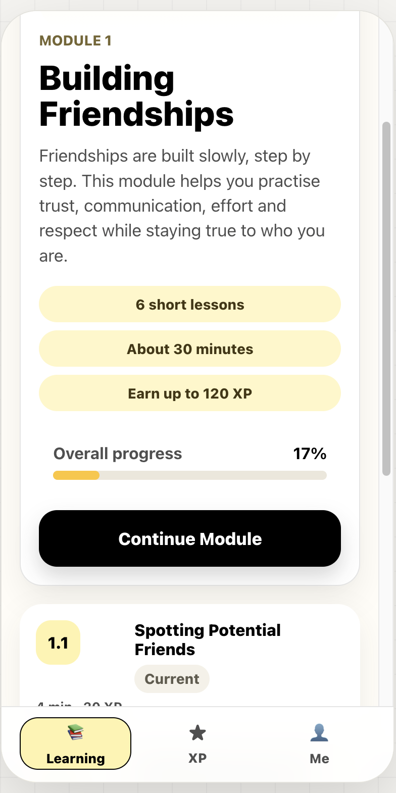 PairAble Building Friendships learning module overview screen